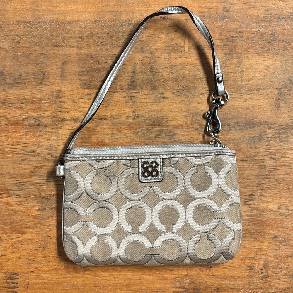 COACH wristlet, tan and metallic